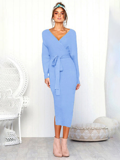 Women's Sexy V-Neck Lace-Up Long-Sleeved Dress