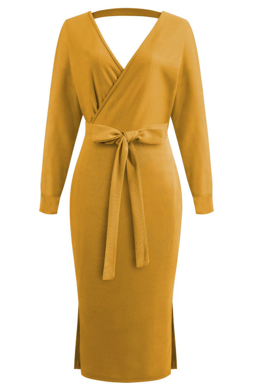 Women's Sexy V-Neck Lace-Up Long-Sleeved Dress