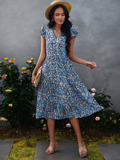 Women's V-neck flying sleeve floral dress long skirt