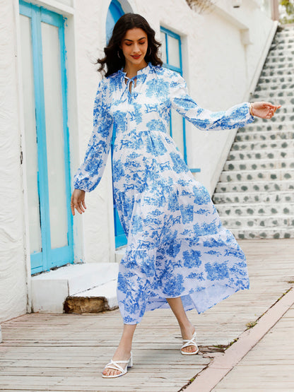 Women's Fashion Print Ruffle Neck Long Sleeve Resort Dress