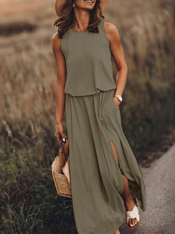 Women's Round Neck Sleeveless Dress Slit Multicolor Solid Color Long Dress