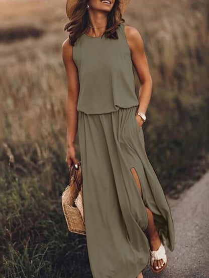 Women's Round Neck Sleeveless Dress Slit Multicolor Solid Color Long Dress