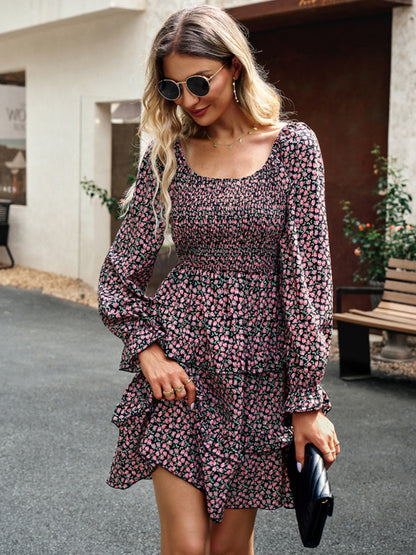 New women's temperament elegant square neck skirt floral dress