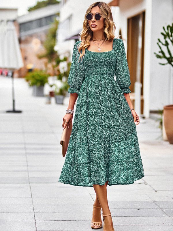 Bohemian Dress Feminine Square Neck Three Quarter Sleeve Maxi Dress