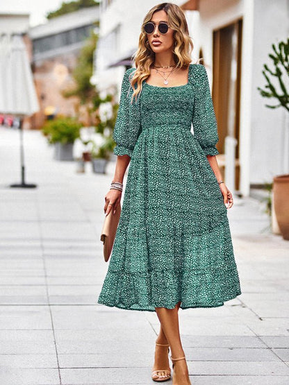 Bohemian Dress Feminine Square Neck Three Quarter Sleeve Maxi Dress