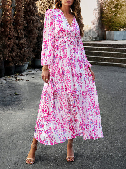 Women's Fashion V Neck Long Sleeves Elegant Chiffon Casual Dress