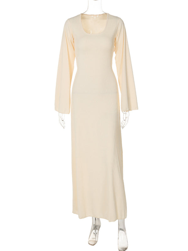 Feminine U-neck tie-back long-sleeved dress