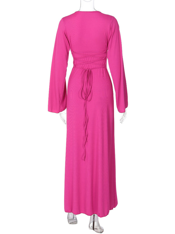 Feminine U-neck tie-back long-sleeved dress