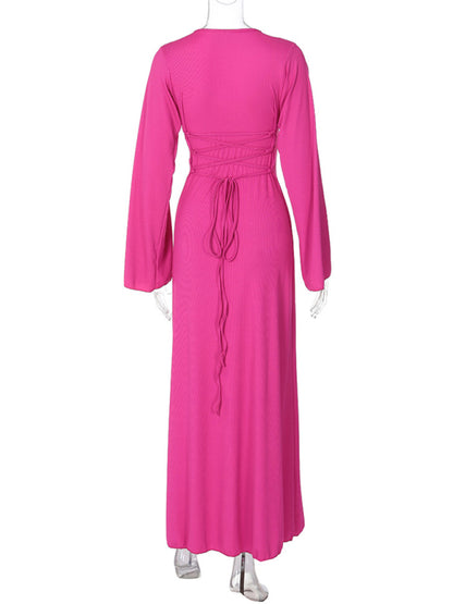 Feminine U-neck tie-back long-sleeved dress