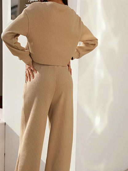 Women's two piece set round neck long sleeve wide leg pants