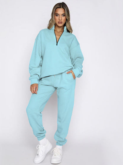 Women's new solid color stand-up collar zipper pullover long-sleeved sweatshirt and trousers suit