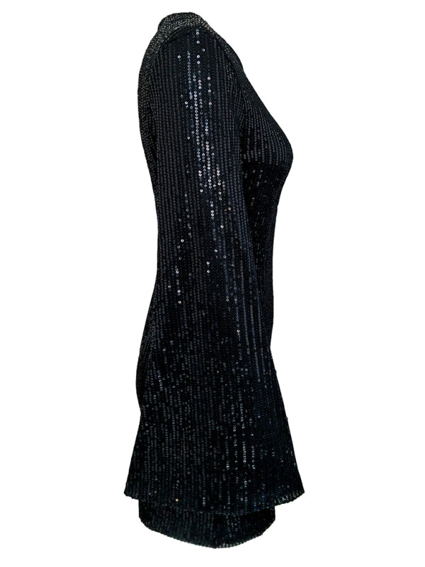 Women's sequin bell sleeve fashionable casual shiny dress
