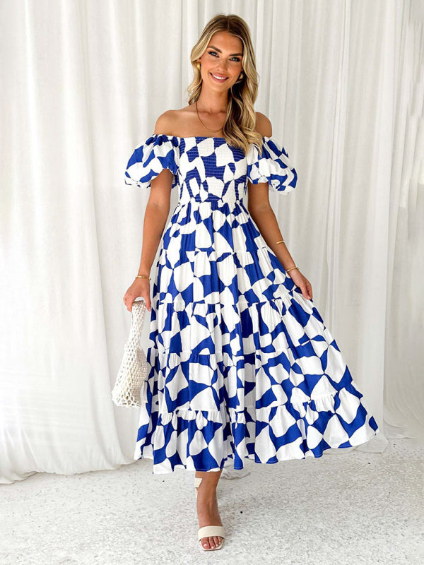 New Women's Fashionable French Boat Collar Printed Dress