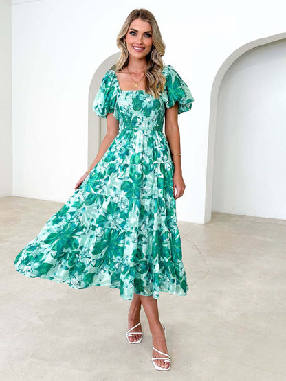 New Women's Fashionable French Boat Collar Printed Dress