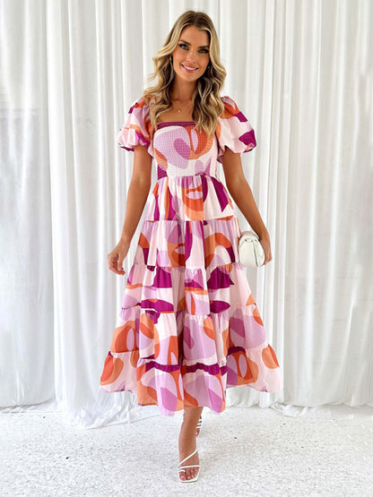 New Women's Fashionable French Boat Collar Printed Dress
