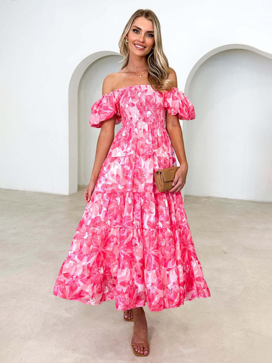 New Women's Fashionable French Boat Collar Printed Dress