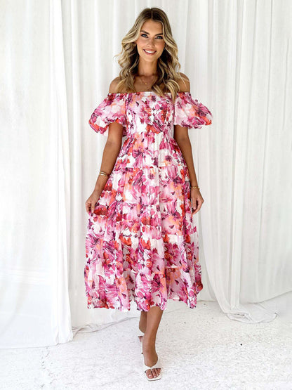 New Women's Fashionable French Boat Collar Printed Dress