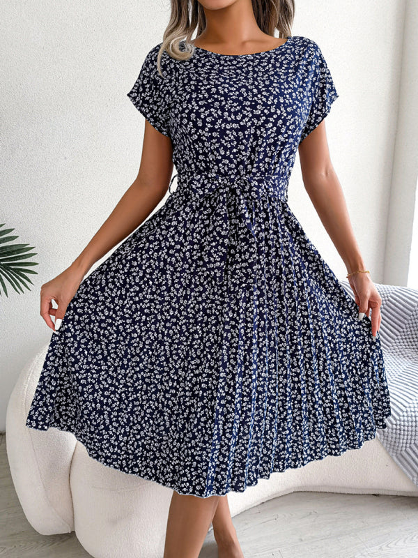 New women's casual short-sleeved floral large hem pleated dress
