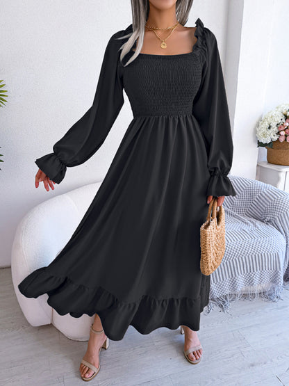 New women's casual square neck flared skirt with large hem and ruffled skirt
