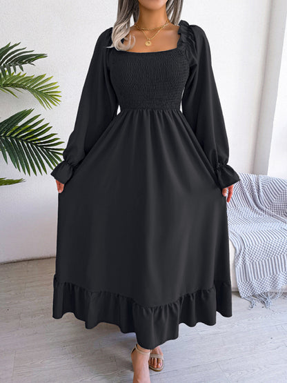 New women's casual square neck flared skirt with large hem and ruffled skirt