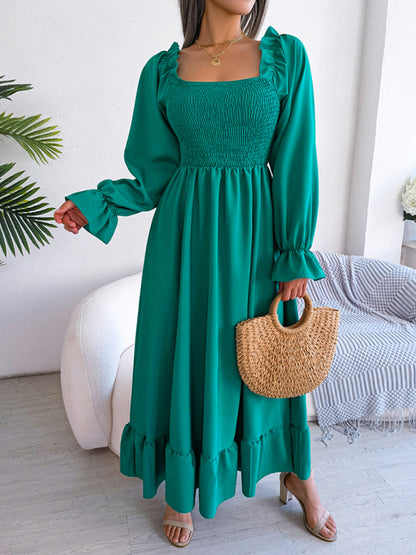 New women's casual square neck flared skirt with large hem and ruffled skirt