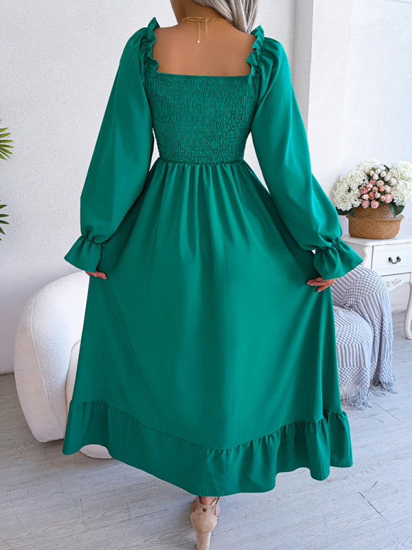 New women's casual square neck flared skirt with large hem and ruffled skirt