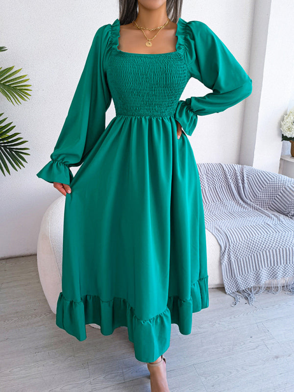 New women's casual square neck flared skirt with large hem and ruffled skirt