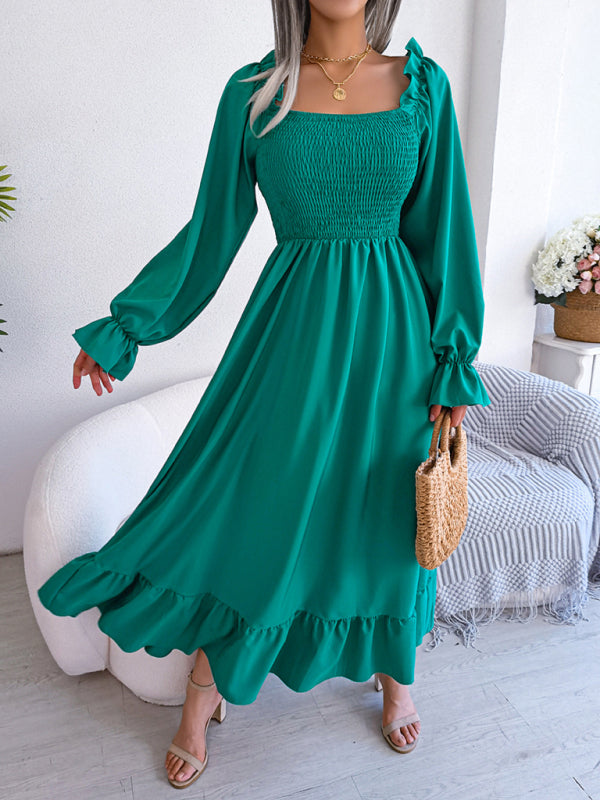 New women's casual square neck flared skirt with large hem and ruffled skirt