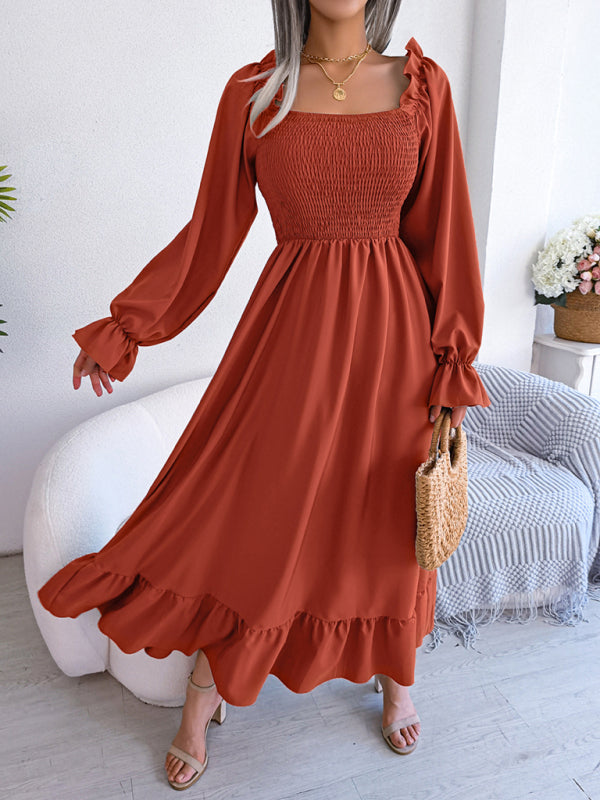 New women's casual square neck flared skirt with large hem and ruffled skirt
