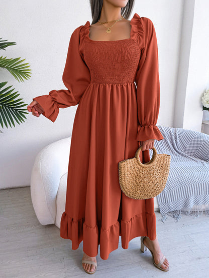 New women's casual square neck flared skirt with large hem and ruffled skirt