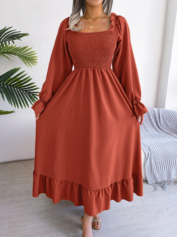 New women's casual square neck flared skirt with large hem and ruffled skirt