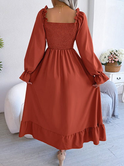 New women's casual square neck flared skirt with large hem and ruffled skirt