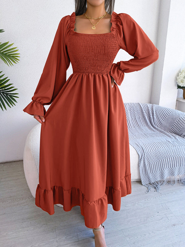 New women's casual square neck flared skirt with large hem and ruffled skirt