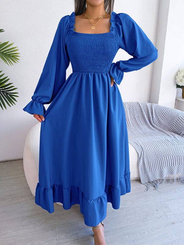 New women's casual square neck flared skirt with large hem and ruffled skirt