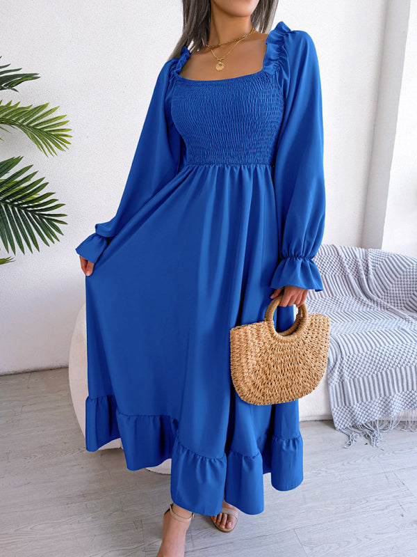 New women's casual square neck flared skirt with large hem and ruffled skirt
