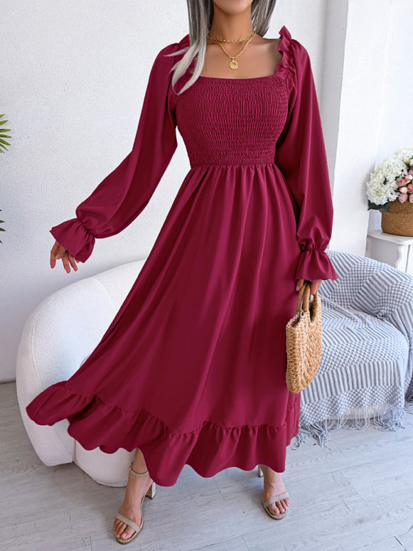 New women's casual square neck flared skirt with large hem and ruffled skirt
