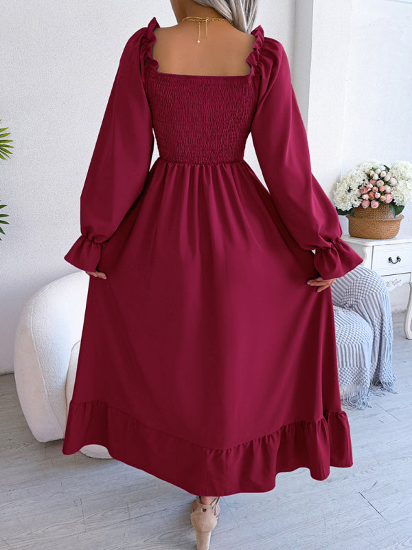 New women's casual square neck flared skirt with large hem and ruffled skirt