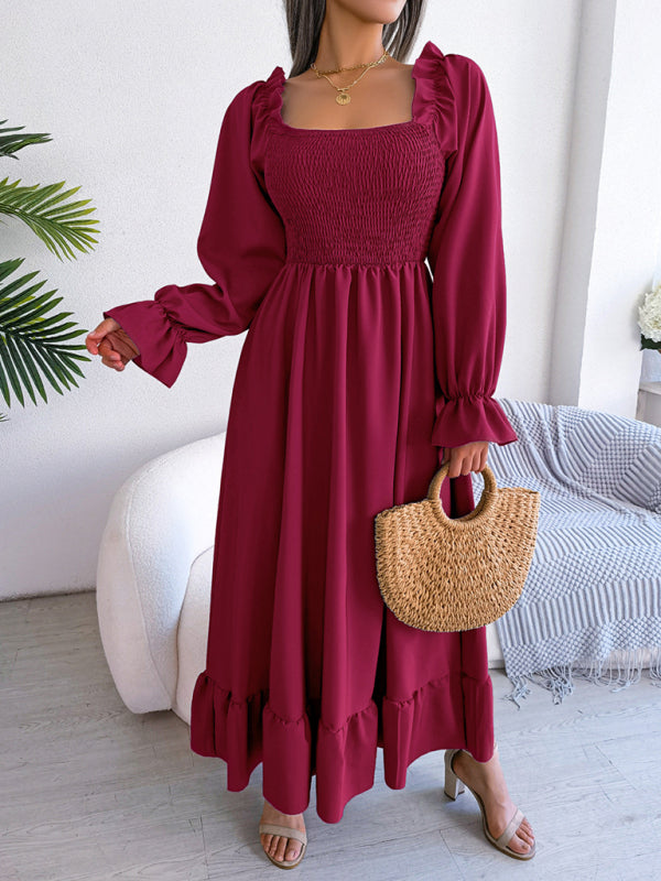 New women's casual square neck flared skirt with large hem and ruffled skirt