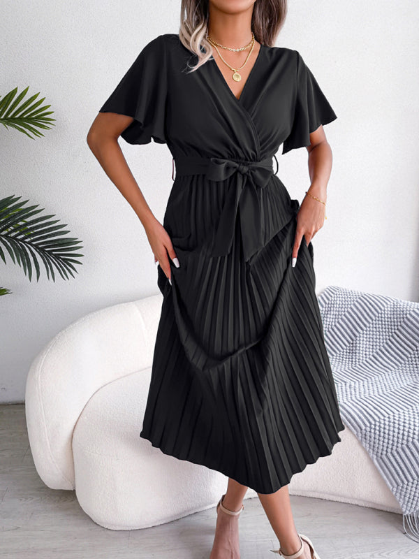 New women's temperament crossover V-neck pleated dress with wide hem