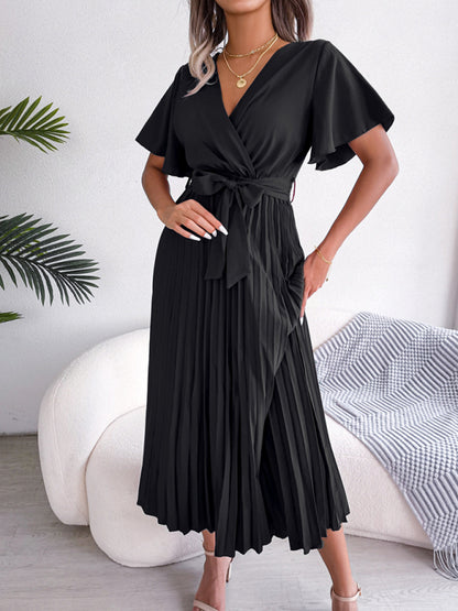 New women's temperament crossover V-neck pleated dress with wide hem