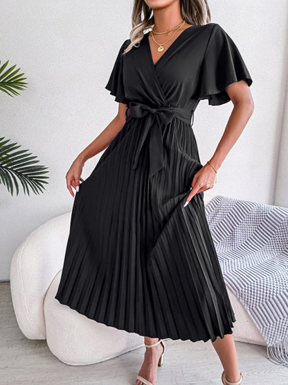 New women's temperament crossover V-neck pleated dress with wide hem