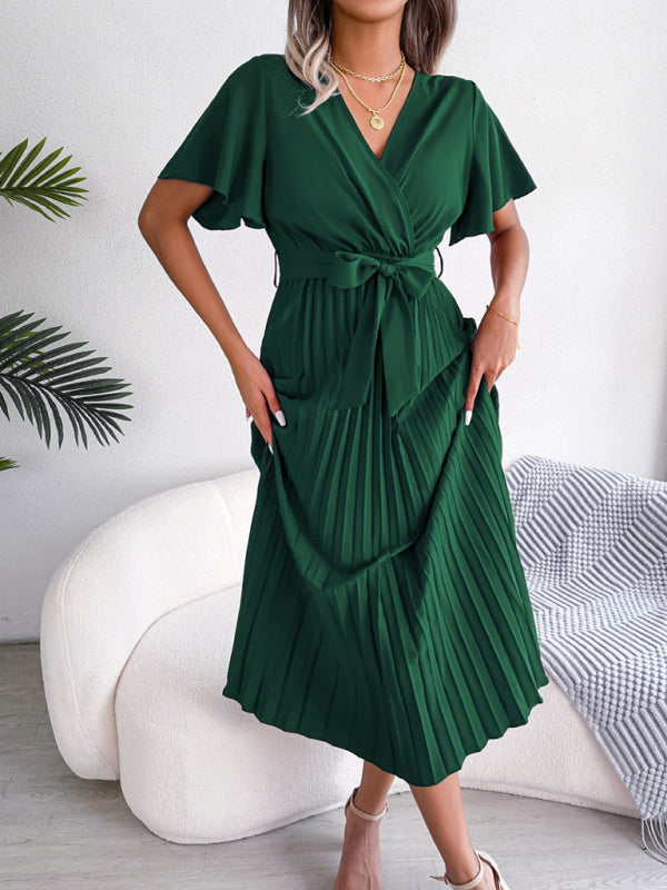 New women's temperament crossover V-neck pleated dress with wide hem