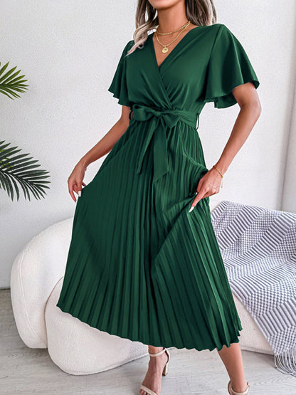 New women's temperament crossover V-neck pleated dress with wide hem