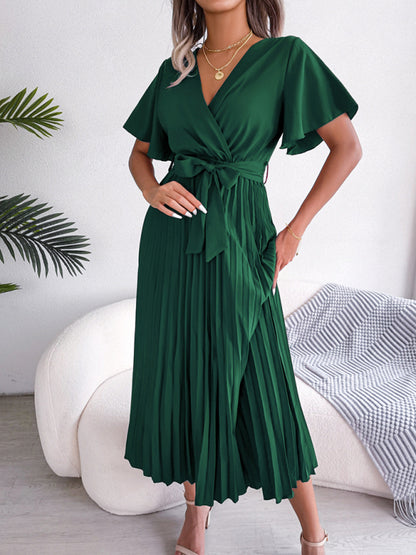 New women's temperament crossover V-neck pleated dress with wide hem