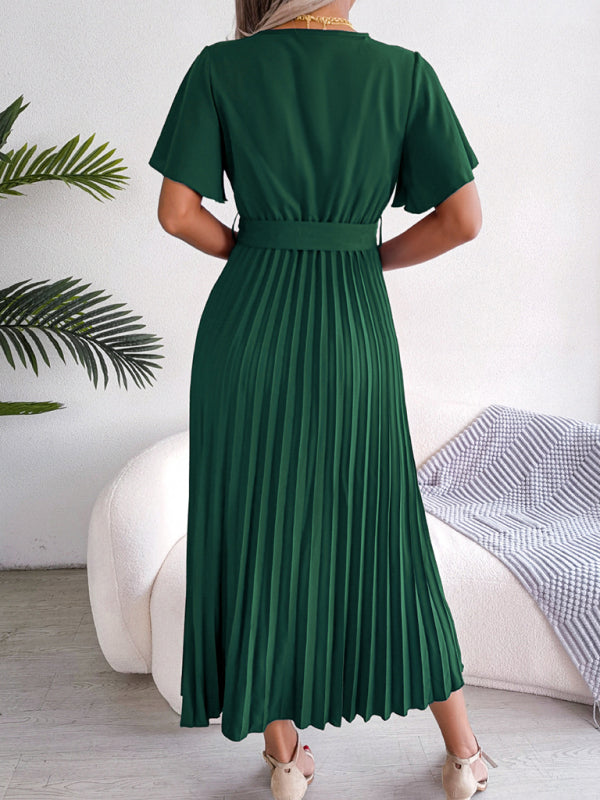 New women's temperament crossover V-neck pleated dress with wide hem