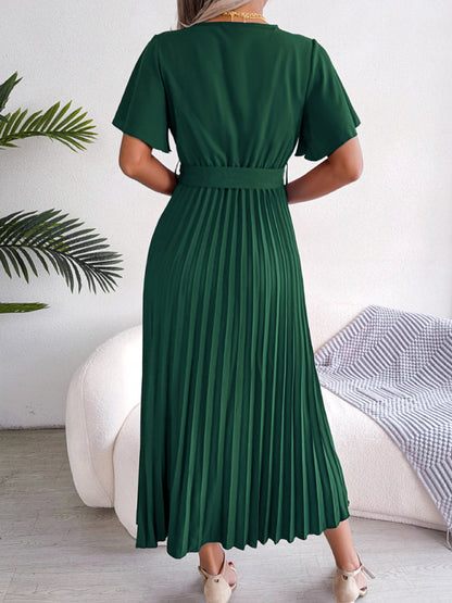New women's temperament crossover V-neck pleated dress with wide hem