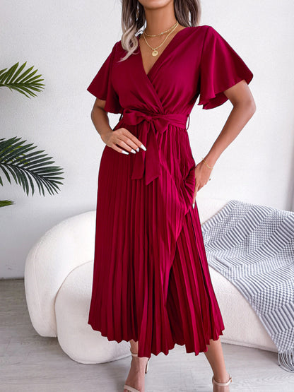 New women's temperament crossover V-neck pleated dress with wide hem