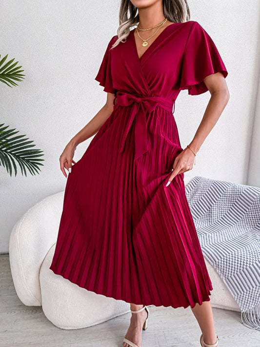 New women's temperament crossover V-neck pleated dress with wide hem