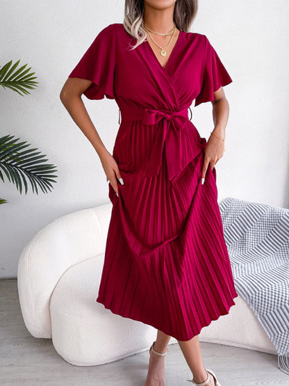 New women's temperament crossover V-neck pleated dress with wide hem