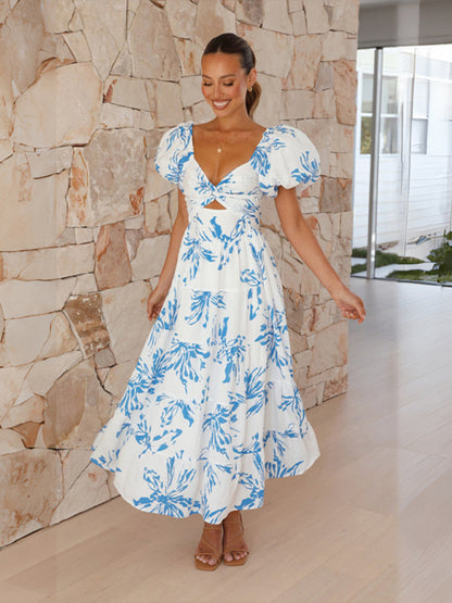 Women's Slim Fit Printed Puff Sleeve Swing Dress